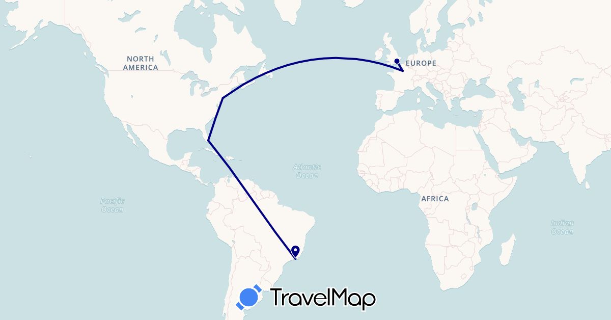 TravelMap itinerary: driving in Brazil, France, United Kingdom, United States (Europe, North America, South America)